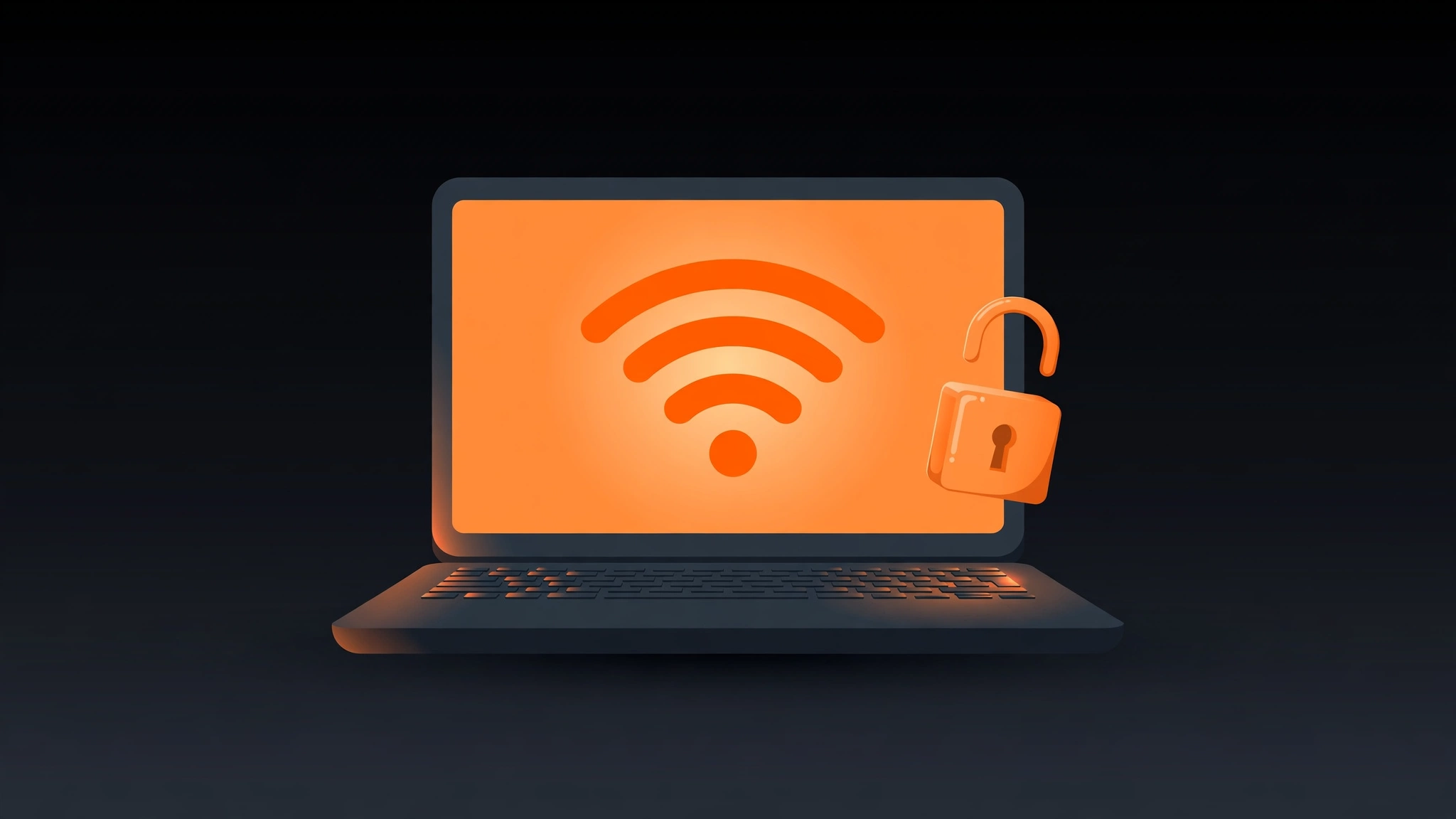Laptop Windows dengan simbol sinyal WiFi besar dan gembok terbuka yang melambangkan password terlihat