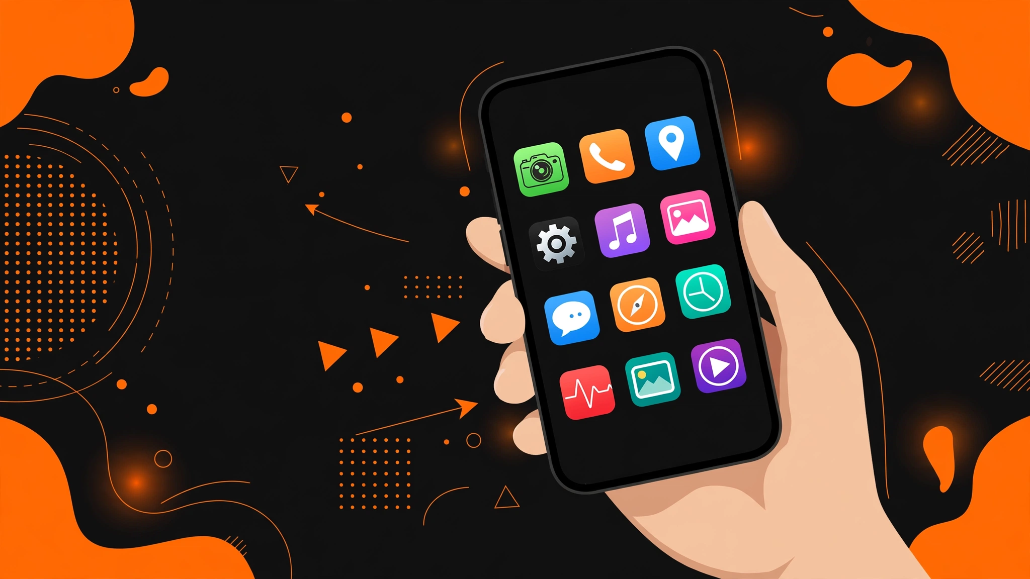 Tangan memegang iPhone dengan ikon aplikasi