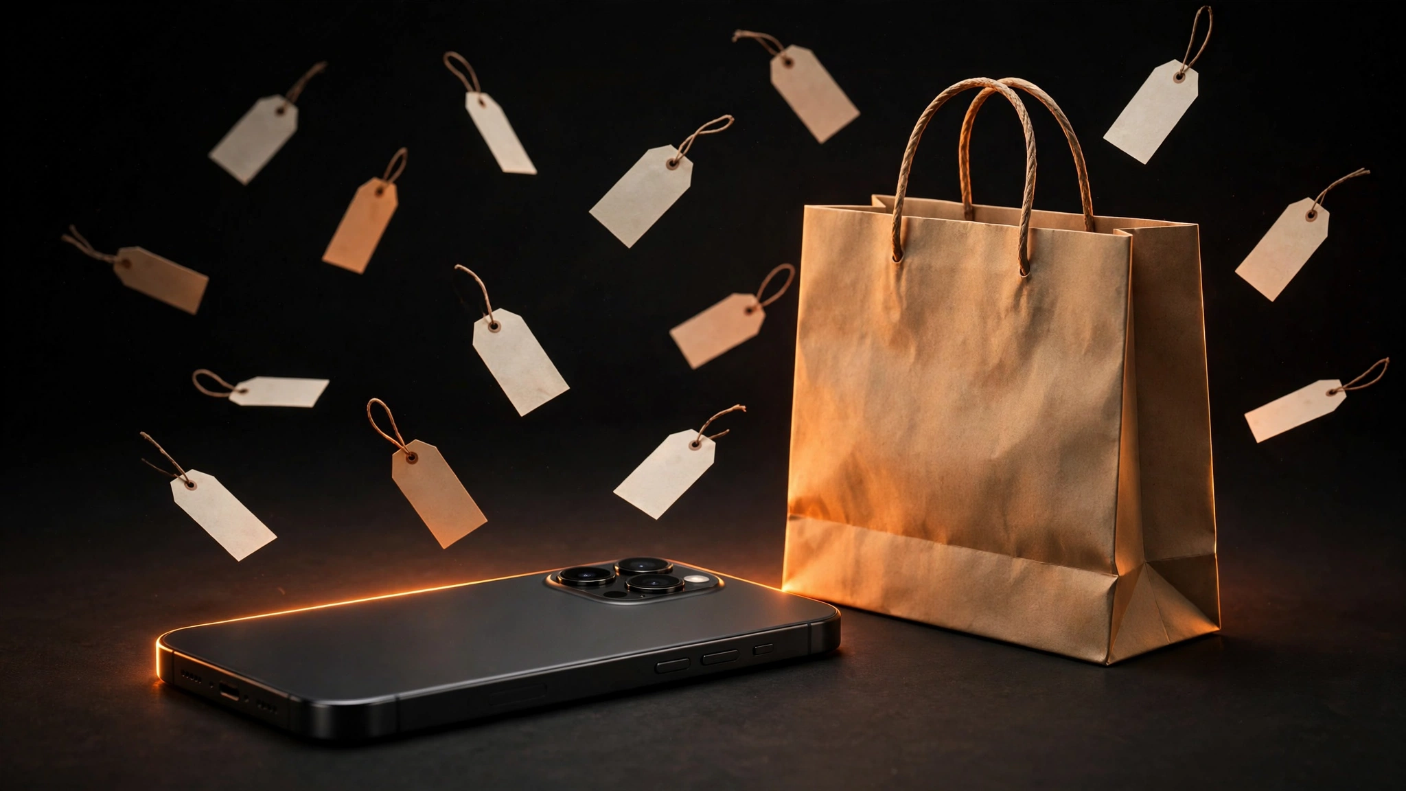 HP dengan tas belanja dan label harga