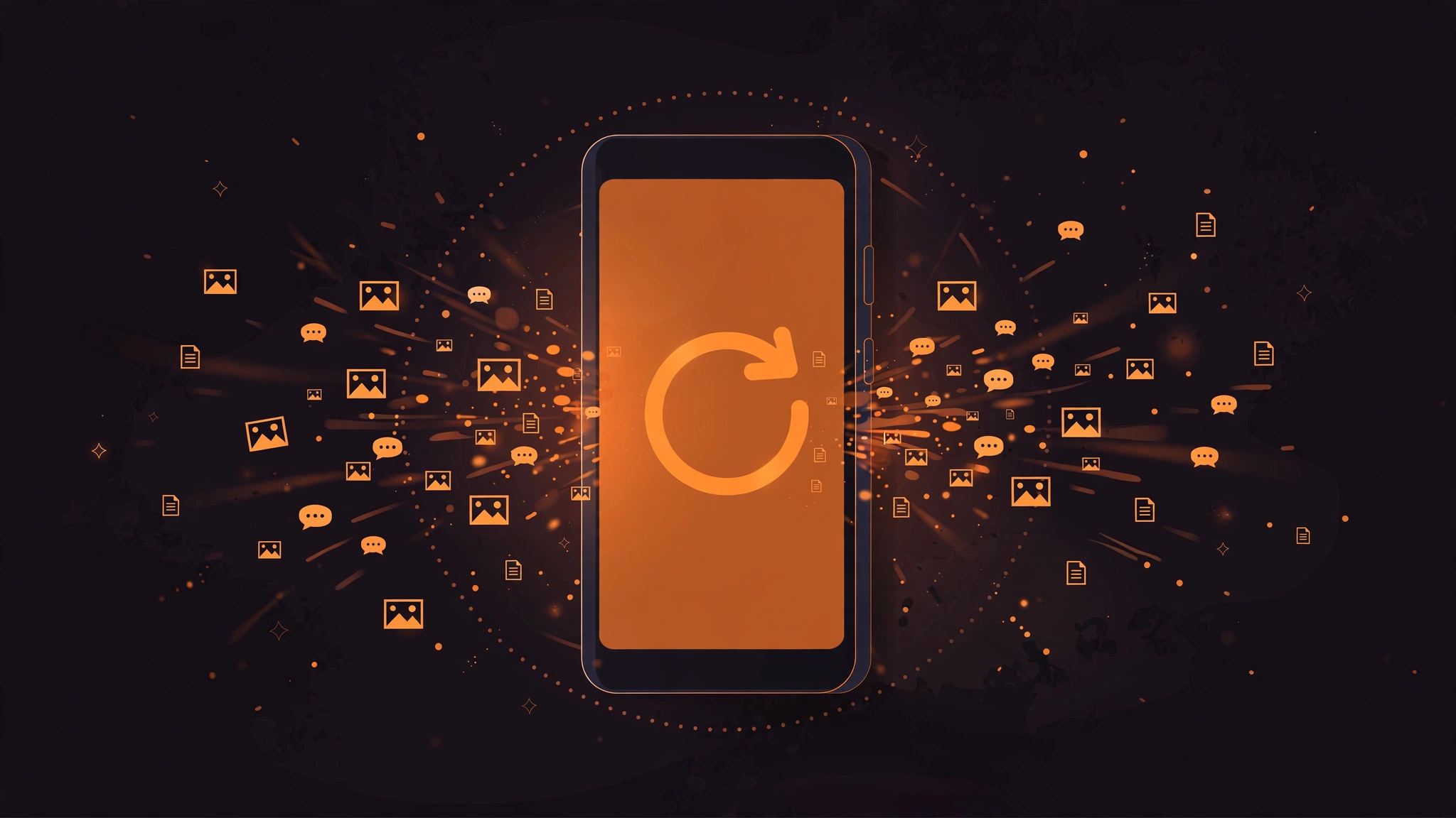 HP Xiaomi dengan ikon panah melingkar simbol reset pabrik dan partikel data yang terhapus
