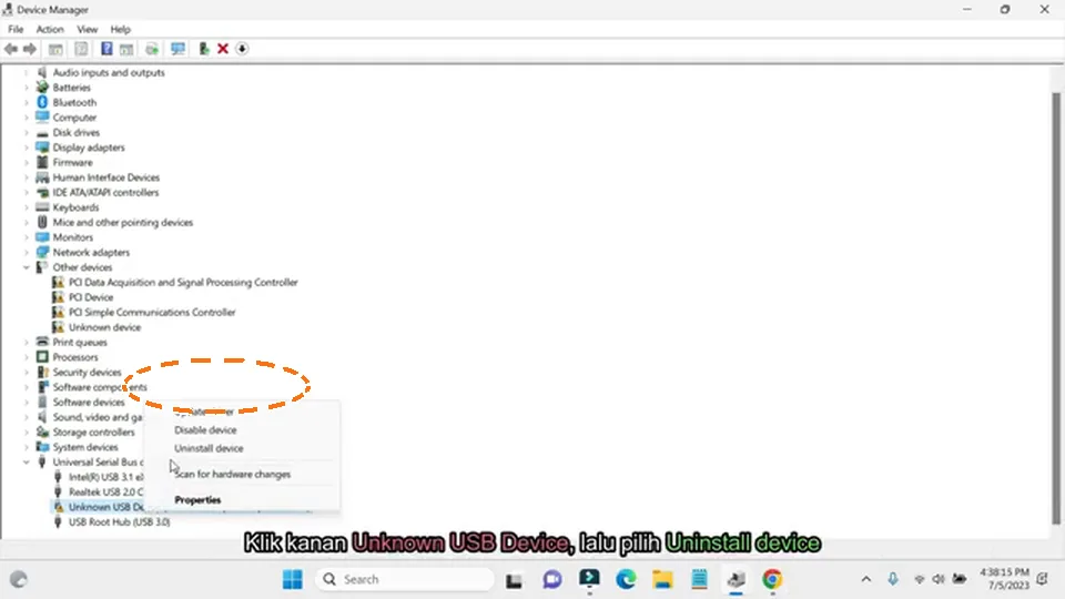 Device Manager dengan menu klik kanan Uninstall device pada Unknown USB Device