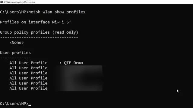 Perintah netsh wlan show profiles di CMD menampilkan daftar WiFi yang pernah tersambung